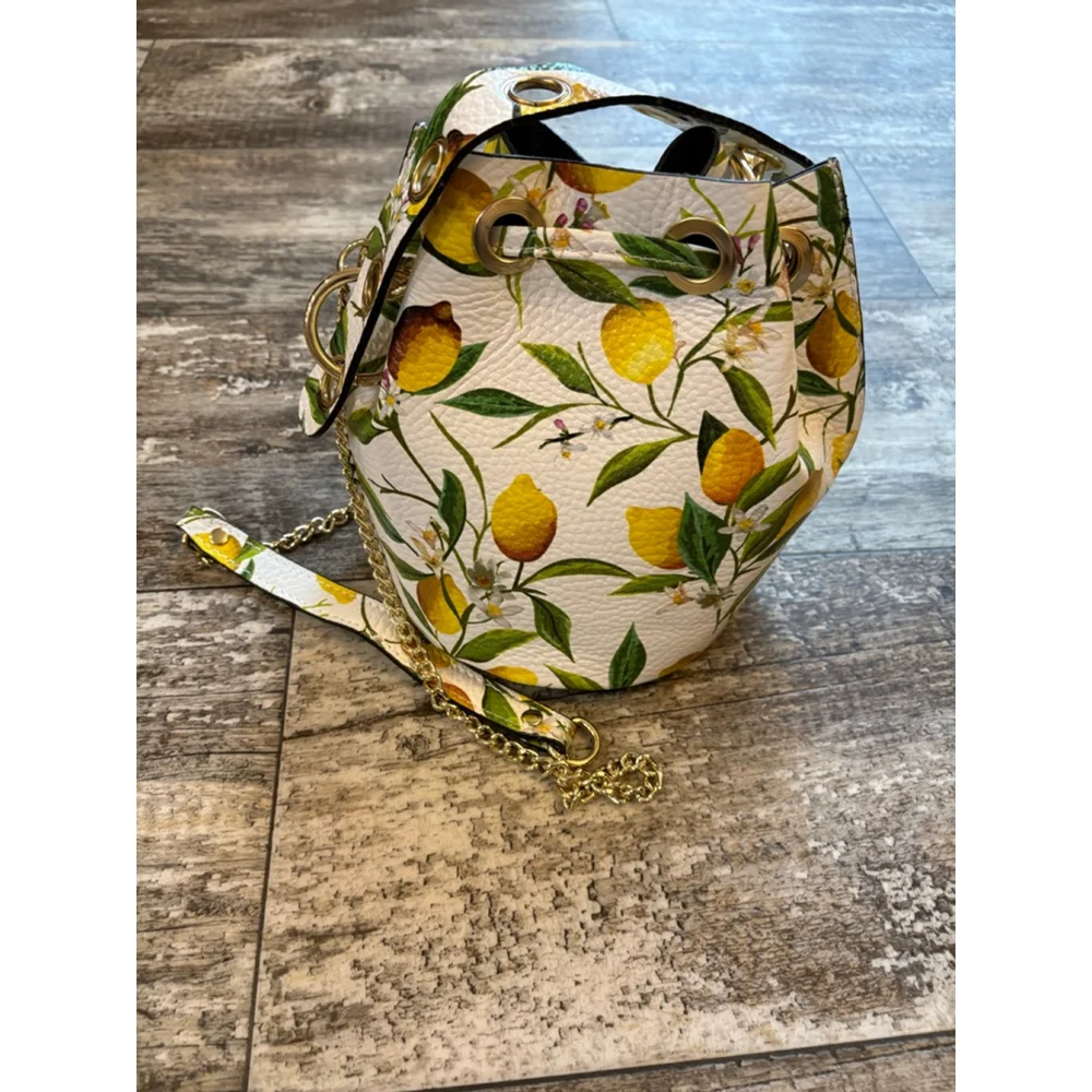 L'Artigiano Sorrentino Italian Leather Lemon Print Bucket Bag Crossbody